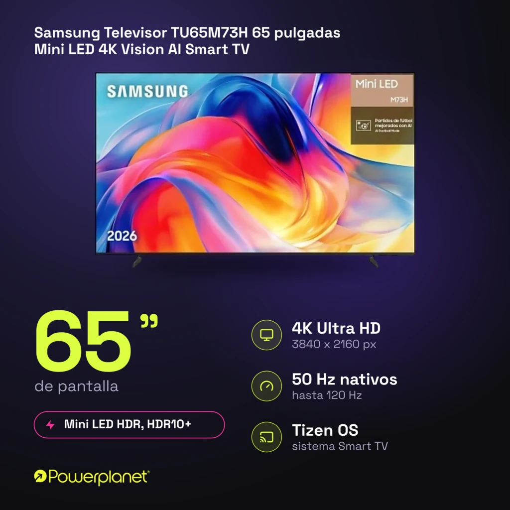 Samsung TU65M73H 65 pulgadas Mini LED 4K negro, vista frontal: pantalla con gráfico colorido y especificaciones Mini LED - Ítem8