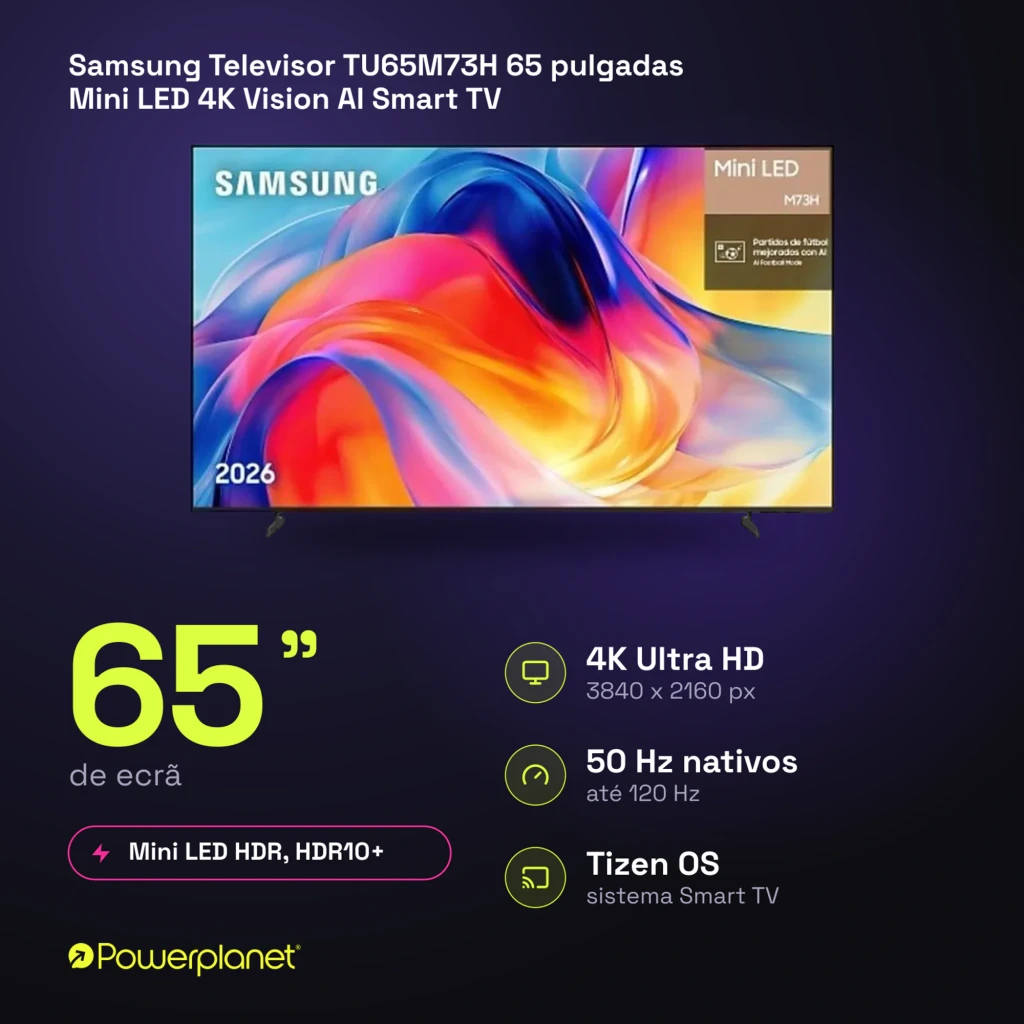 Samsung TU65M73H 65 pulgadas Mini LED 4K negro, vista frontal: pantalla con gráfico colorido y especificaciones Mini LED - Ítem9