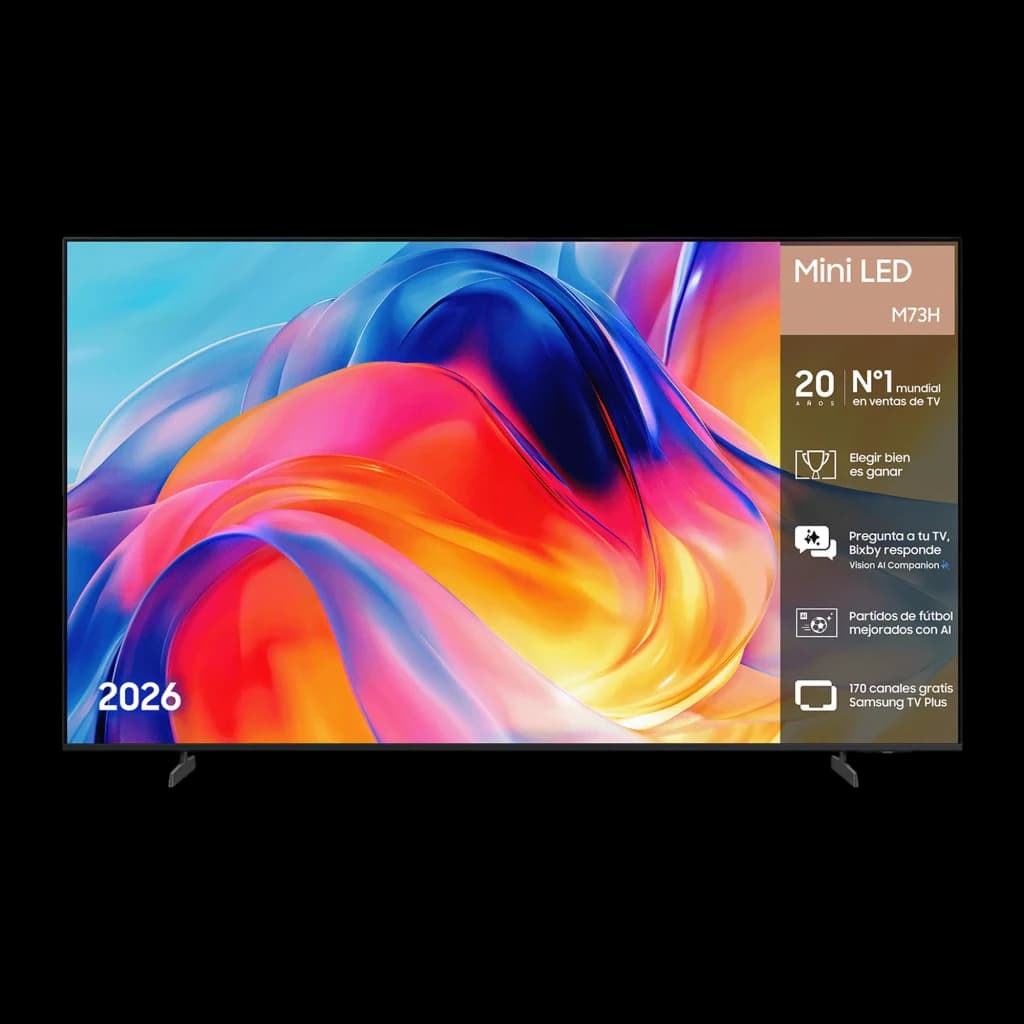 Samsung TU65M73H 65 pulgadas Mini LED 4K negro, vista frontal: pantalla con gráfico colorido y especificaciones Mini LED