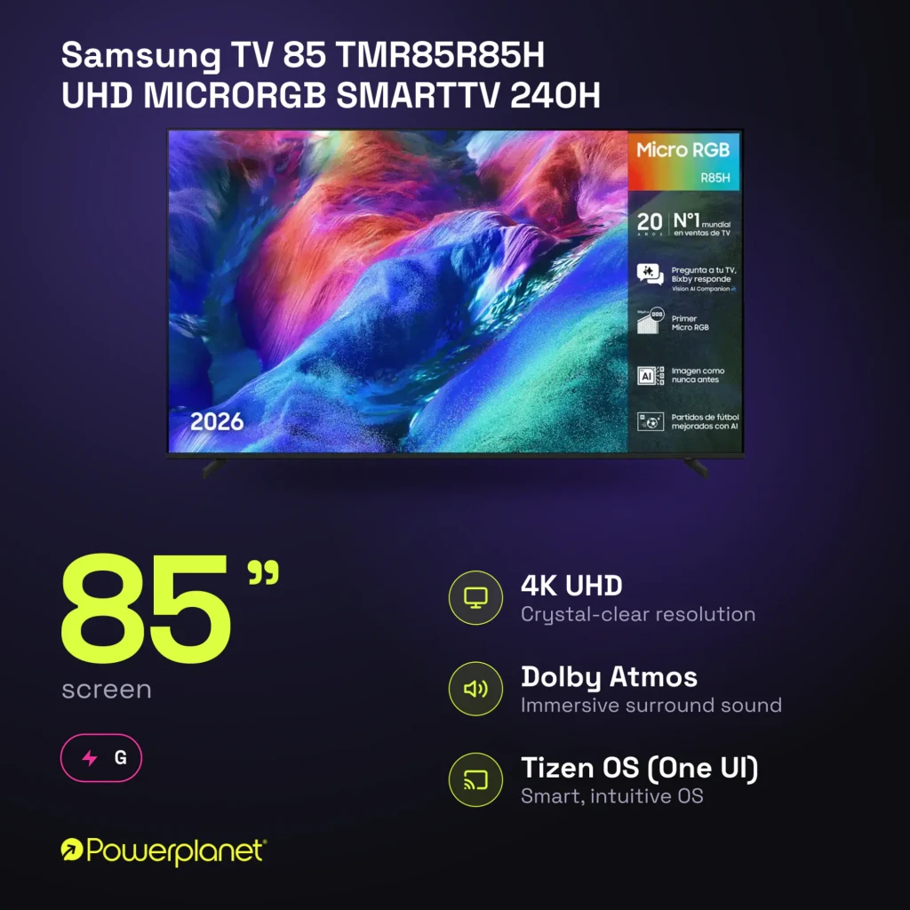 Samsung TV 85 R85H UHD Micro RGB negro, vista frontal: pantalla con contenido colorido y características Micro RGB 2026 - Ítem9