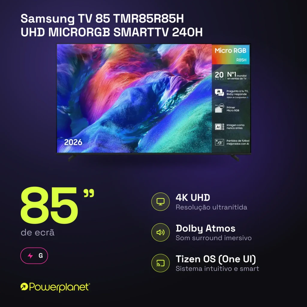 Samsung TV 85 R85H UHD Micro RGB negro, vista frontal: pantalla con contenido colorido y características Micro RGB 2026 - Ítem7