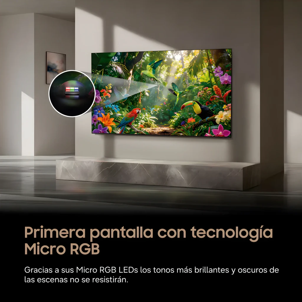 Samsung TV 85 R85H UHD Micro RGB negro, vista frontal: pantalla con contenido colorido y características Micro RGB 2026 - Ítem1