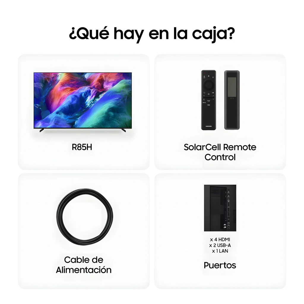 Samsung TV 85 R85H UHD Micro RGB negro, vista frontal: pantalla con contenido colorido y características Micro RGB 2026 - Ítem3