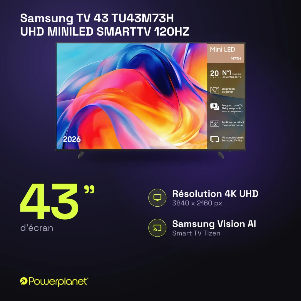 Samsung TV 43 TU43M73H UHD Mini LED negro, frontal: pantalla con infografía de características M73H y año 2026 - Ítem4