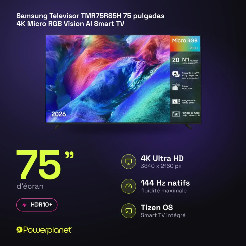 Samsung Televisor TMR75R85H 75 pulgadas 4K negro, vista frontal: pantalla con infografía Micro RGB R85H y patas negras - Ítem8