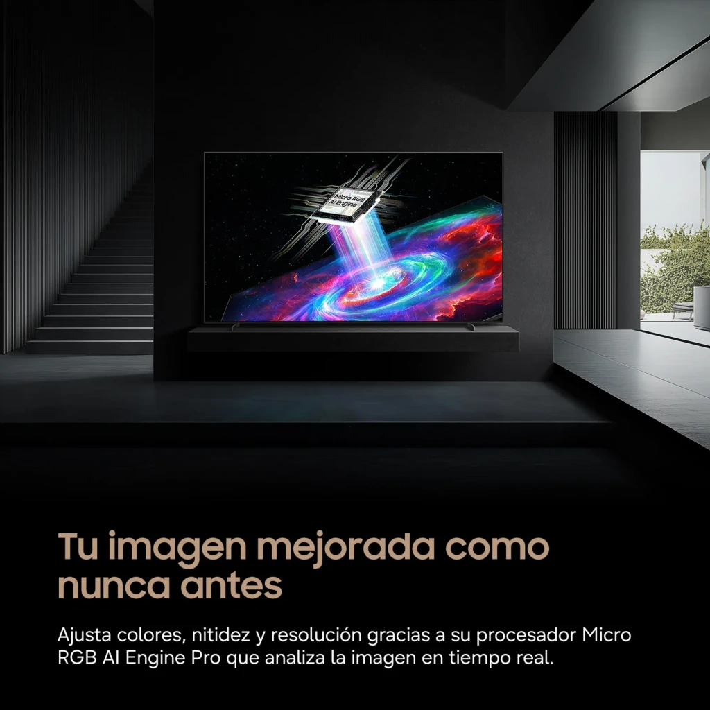 Samsung Televisor TMR75R85H 75 pulgadas 4K negro, vista frontal: pantalla con infografía Micro RGB R85H y patas negras - Ítem3