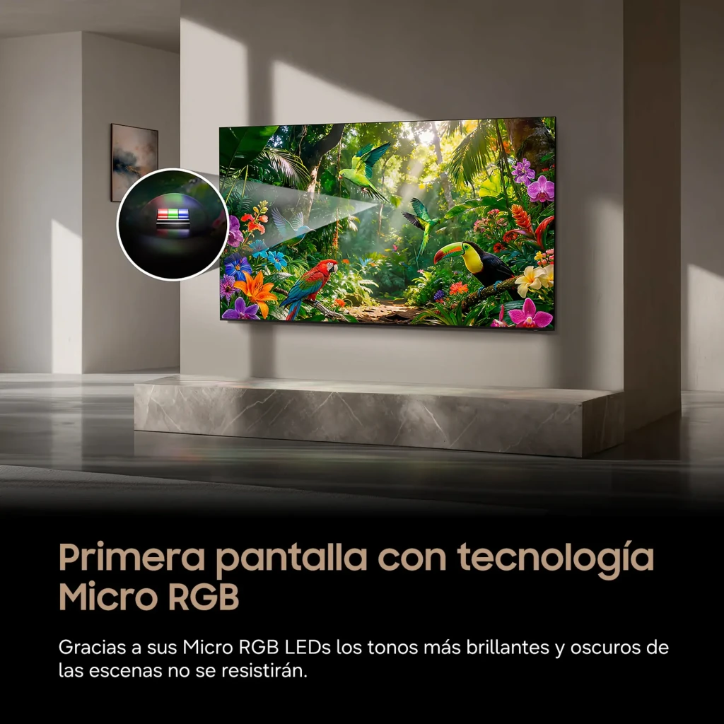Samsung Televisor TMR75R85H 75 pulgadas 4K negro, vista frontal: pantalla con infografía Micro RGB R85H y patas negras - Ítem5