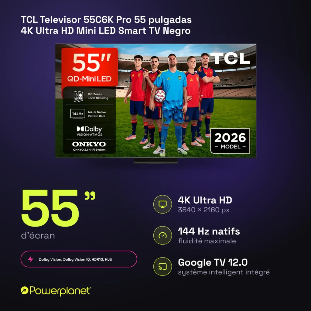 TCL 55C6K Pro 55 pulgadas 4K Mini LED Smart TV negro, vista frontal: pantalla con jugadores de fútbol y especificaciones - Ítem5