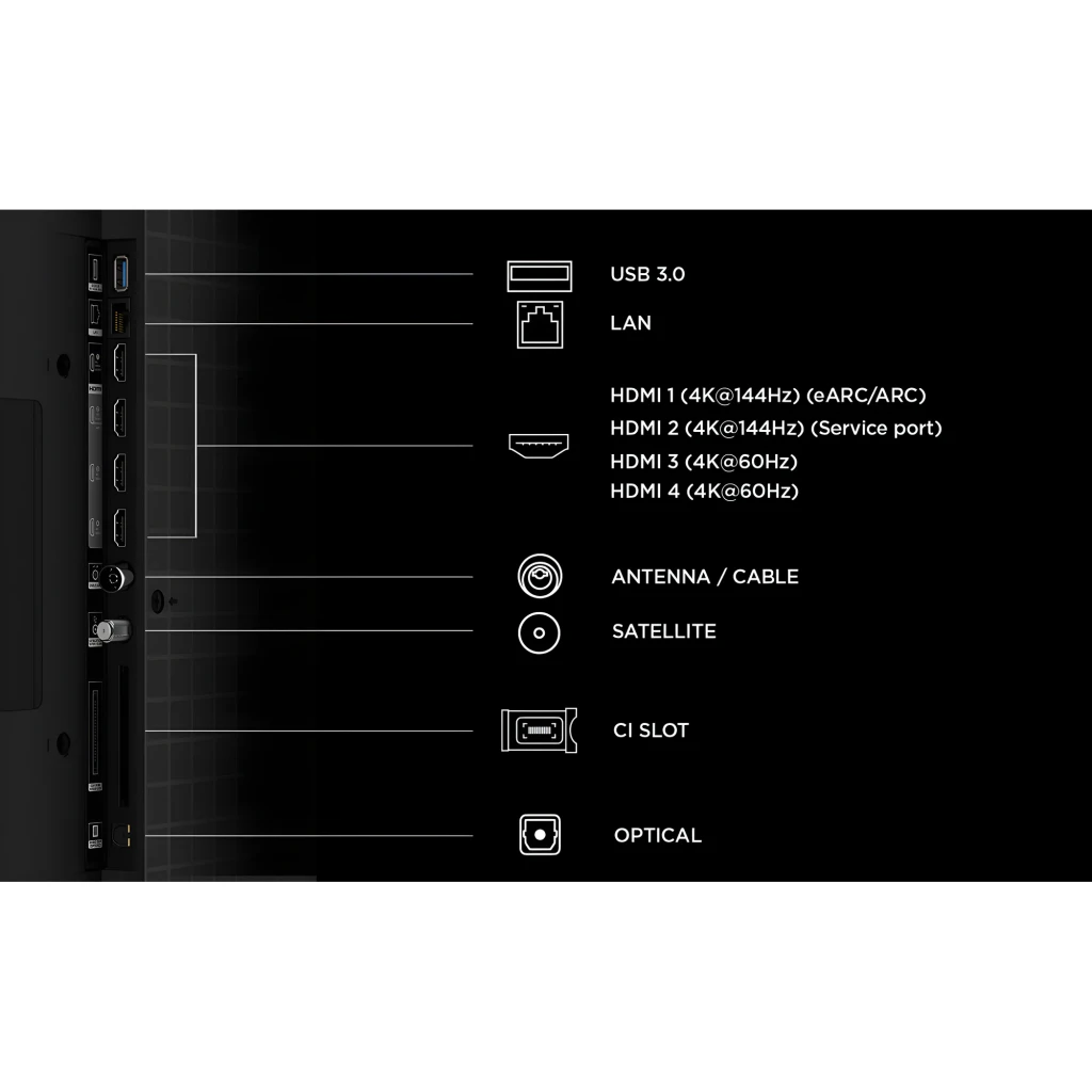 TCL 55C6K Pro 55 pulgadas 4K Mini LED Smart TV negro, vista frontal: pantalla con jugadores de fútbol y especificaciones - Ítem2
