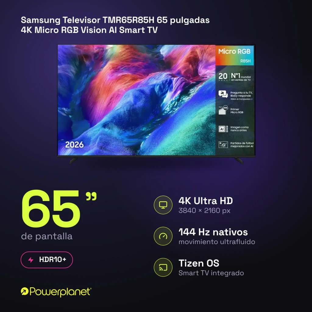 Samsung TMR65R85H 65 pulgadas negro, vista frontal: pantalla con infografía Micro RGB R85H y patas negras - Ítem8
