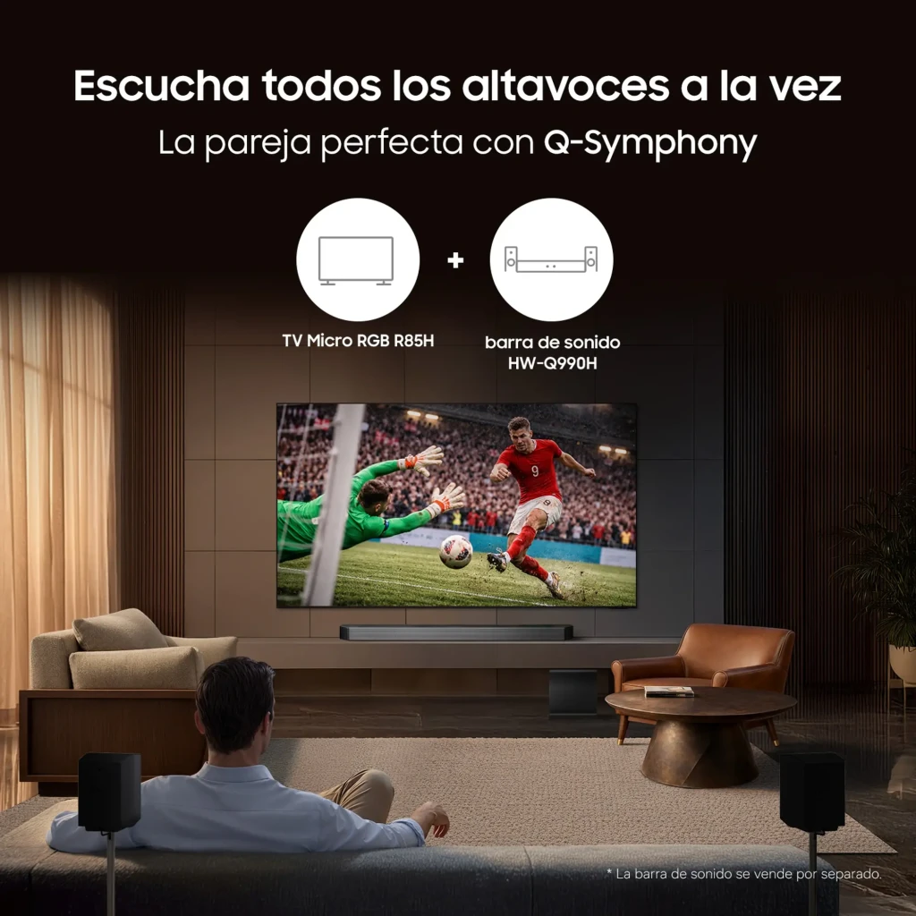 Samsung TMR65R85H 65 pulgadas negro, vista frontal: pantalla con infografía Micro RGB R85H y patas negras - Ítem7