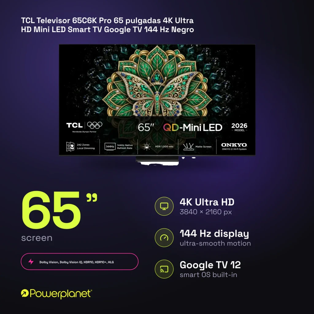TCL 65C6K Pro 65 pulgadas negro, vista frontal: pantalla encendida con mariposa joya, especificaciones QD-Mini LED 144Hz - Ítem7