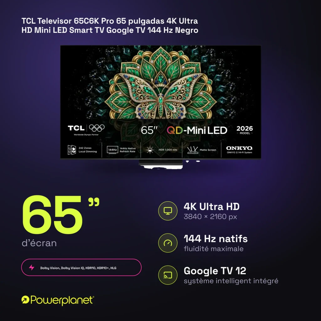 TCL 65C6K Pro 65 pulgadas negro, vista frontal: pantalla encendida con mariposa joya, especificaciones QD-Mini LED 144Hz - Ítem6