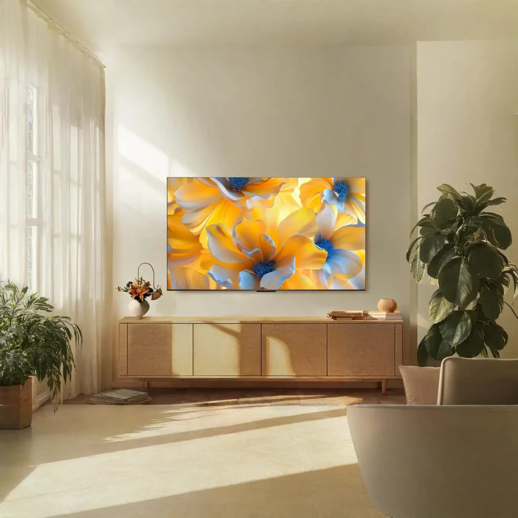 TCL 65C6K Pro 65 pulgadas negro, vista frontal: pantalla encendida con mariposa joya, especificaciones QD-Mini LED 144Hz - Ítem1