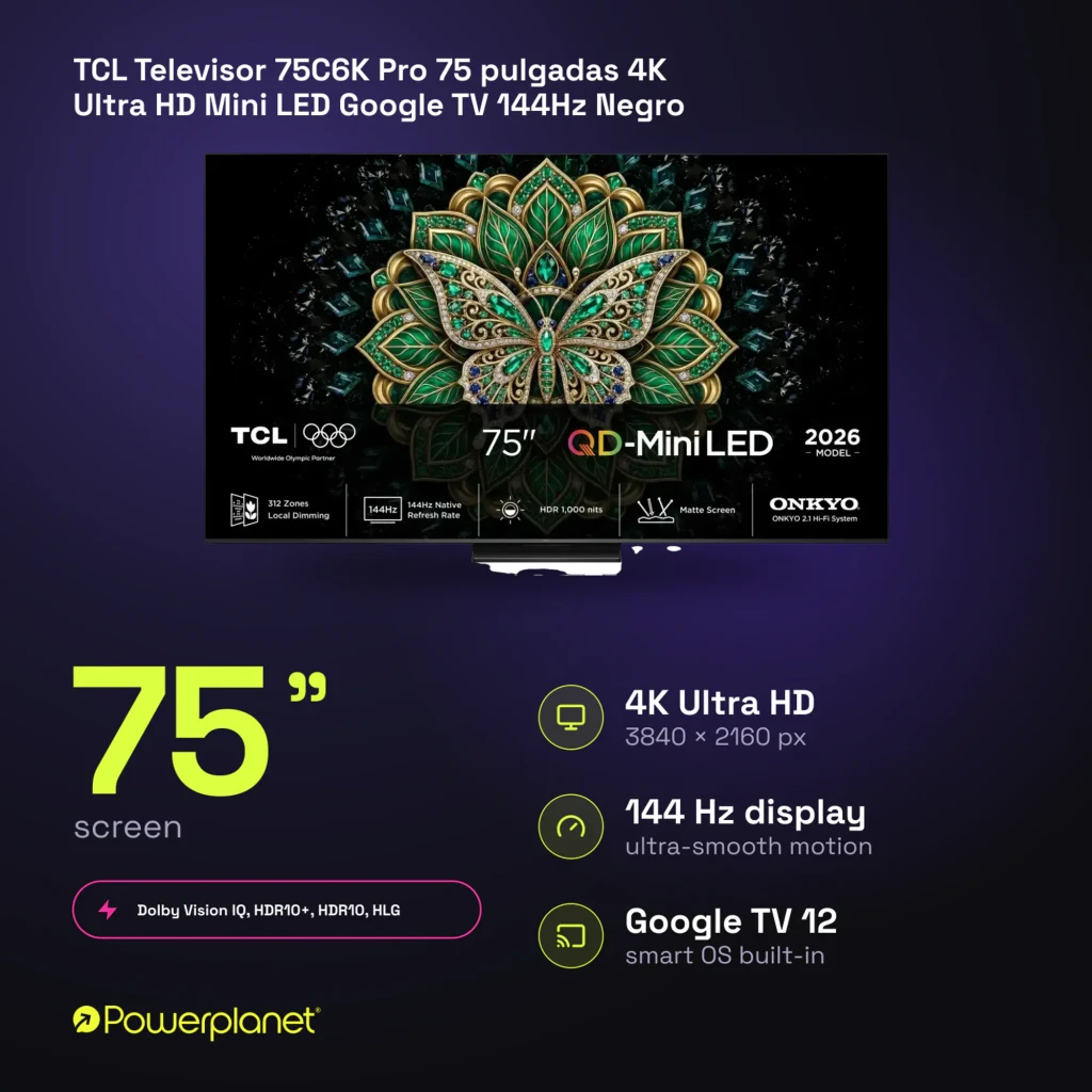 TCL 75C6K Pro 75 pulgadas 4K Mini LED negro, vista frontal: pantalla con mariposa joya y especificaciones QD-Mini LED 144Hz - Ítem7