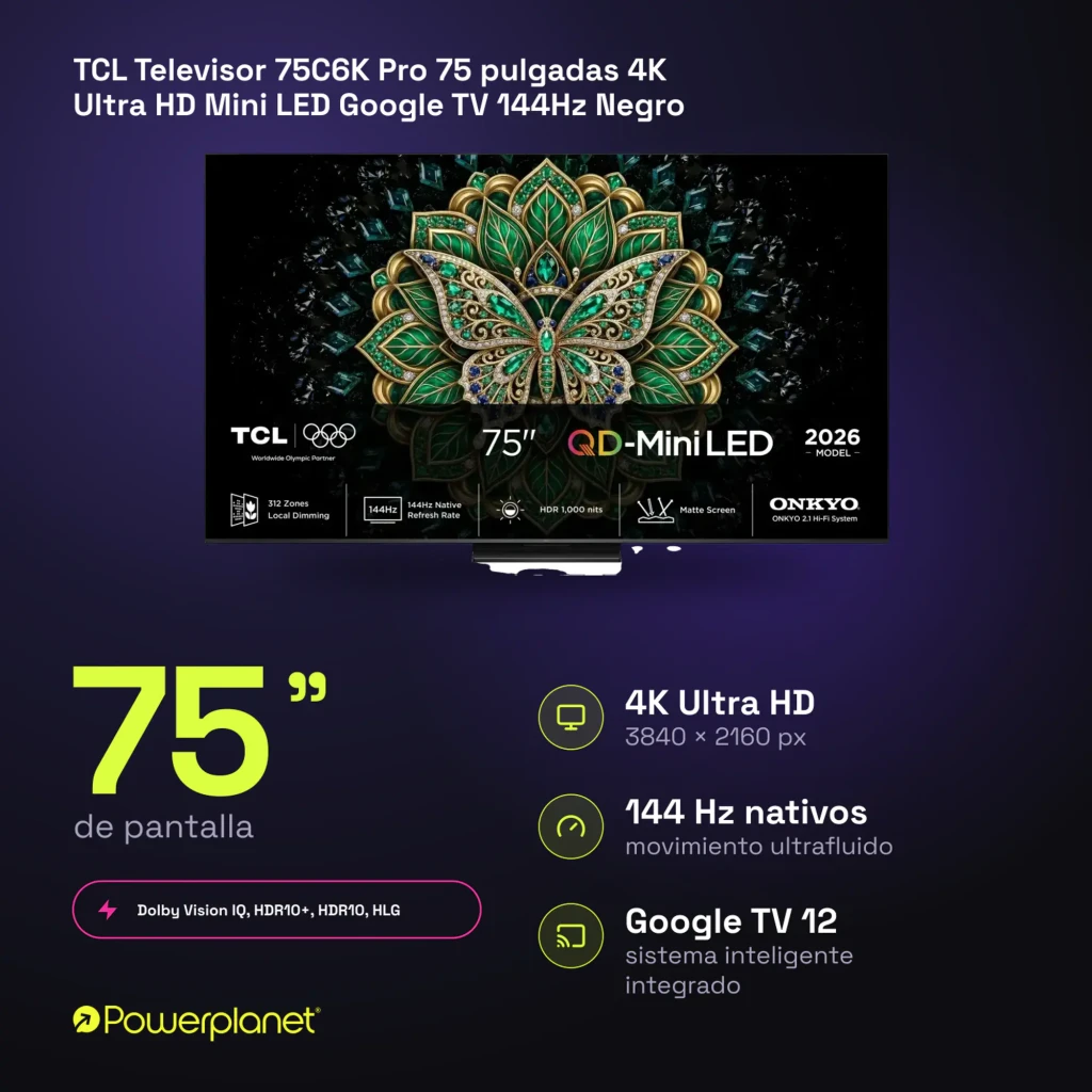 TCL 75C6K Pro 75 pulgadas 4K Mini LED negro, vista frontal: pantalla con mariposa joya y especificaciones QD-Mini LED 144Hz - Ítem4