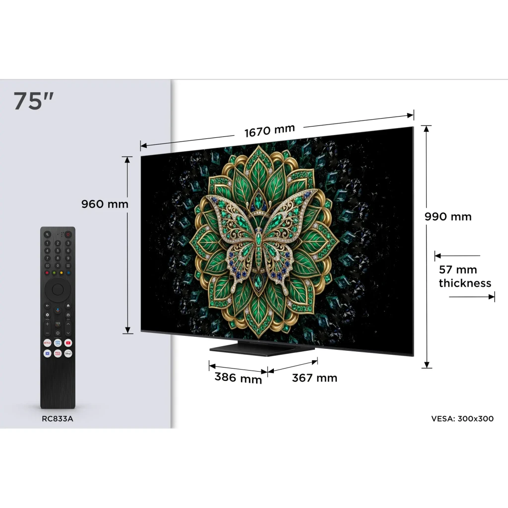 TCL 75C6K Pro 75 pulgadas 4K Mini LED negro, vista frontal: pantalla con mariposa joya y especificaciones QD-Mini LED 144Hz - Ítem1
