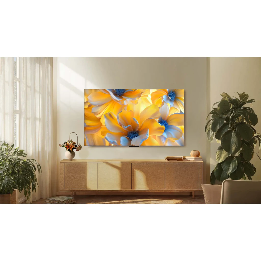 TCL 75C6K Pro 75 pulgadas 4K Mini LED negro, vista frontal: pantalla con mariposa joya y especificaciones QD-Mini LED 144Hz - Ítem2