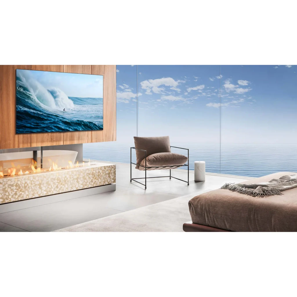 TCL 75C6K Pro 75 pulgadas 4K Mini LED negro, vista frontal: pantalla con mariposa joya y especificaciones QD-Mini LED 144Hz - Ítem3