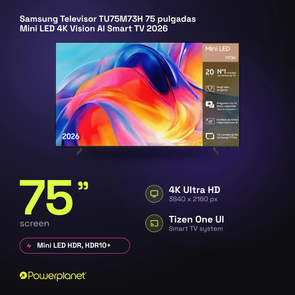 Samsung TU75M73H 75 pulgadas Mini LED 4K Negro, vista frontal: pantalla con gráfico colorido y características Mini LED - Ítem9