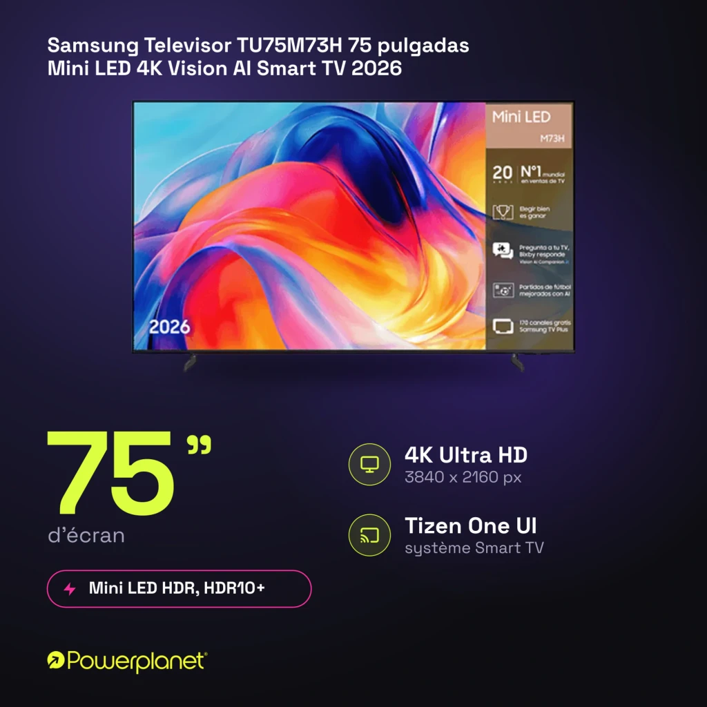 Samsung TU75M73H 75 pulgadas Mini LED 4K Negro, vista frontal: pantalla con gráfico colorido y características Mini LED - Ítem8