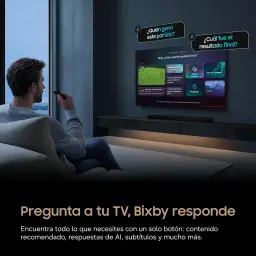 Samsung TU75M73H 75 pulgadas Mini LED 4K Negro, lifestyle: usuario con mando usando Bixby con preguntas de voz en pantalla