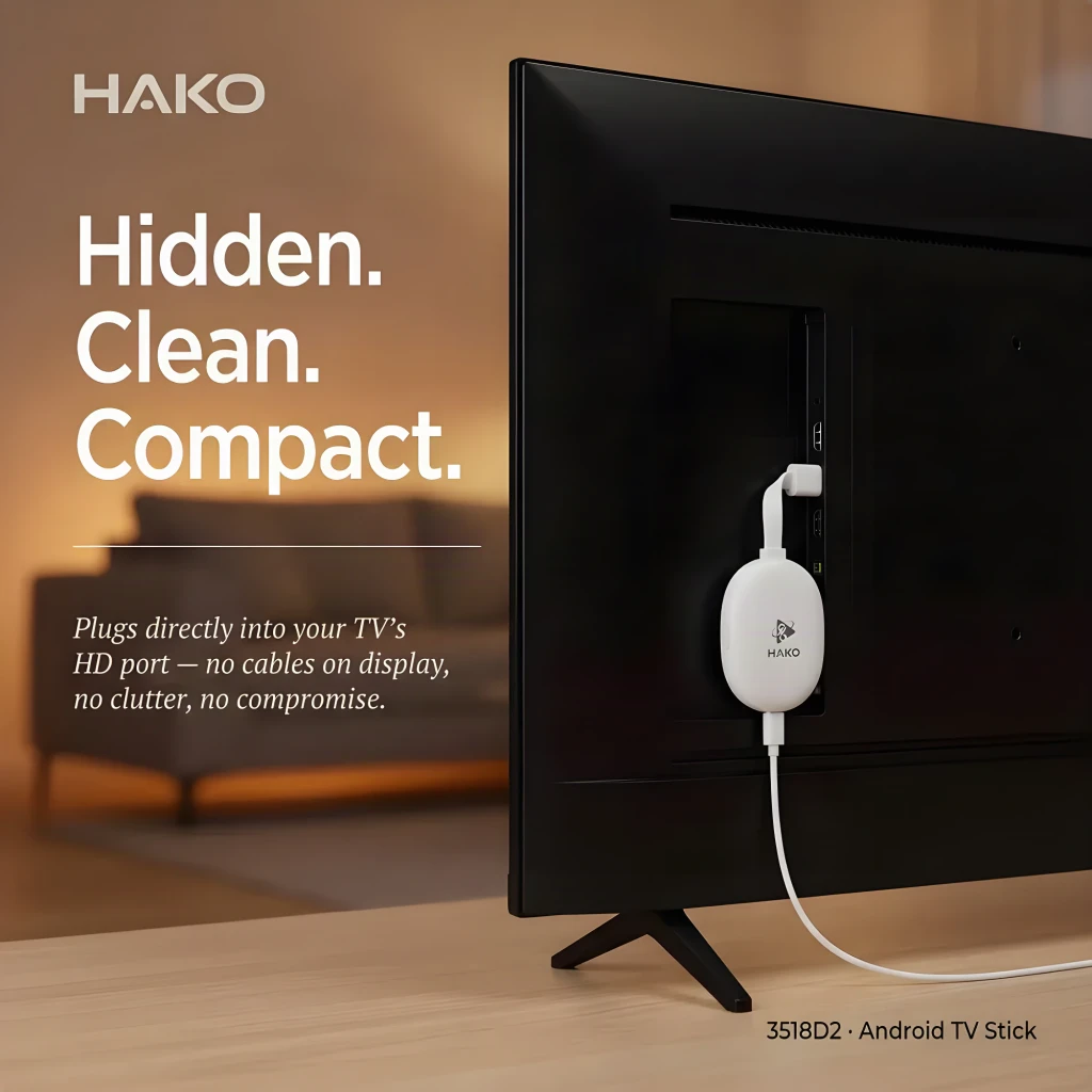 TV Stick HAKO 4K 2G+8G Android 2GB/8GB WiFi 6 Ethernet HDR10 3518D2, en uso: stick blanco conectado al puerto HDMI trasero