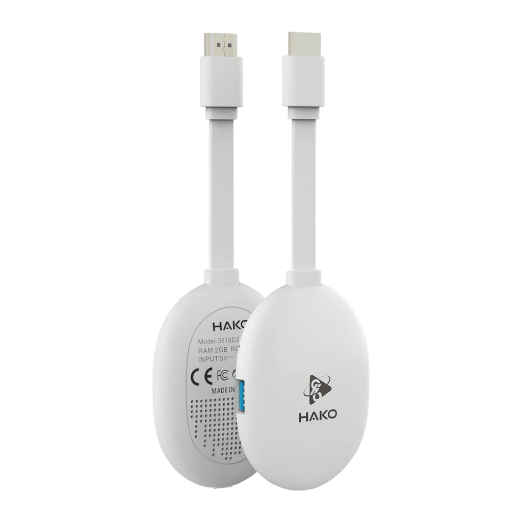 TV Stick HAKO 4K 2G+8G Android 2GB/8GB WiFi 6 Ethernet HDR10 3518D2, vista trasera: etiqueta con modelo, puerto USB