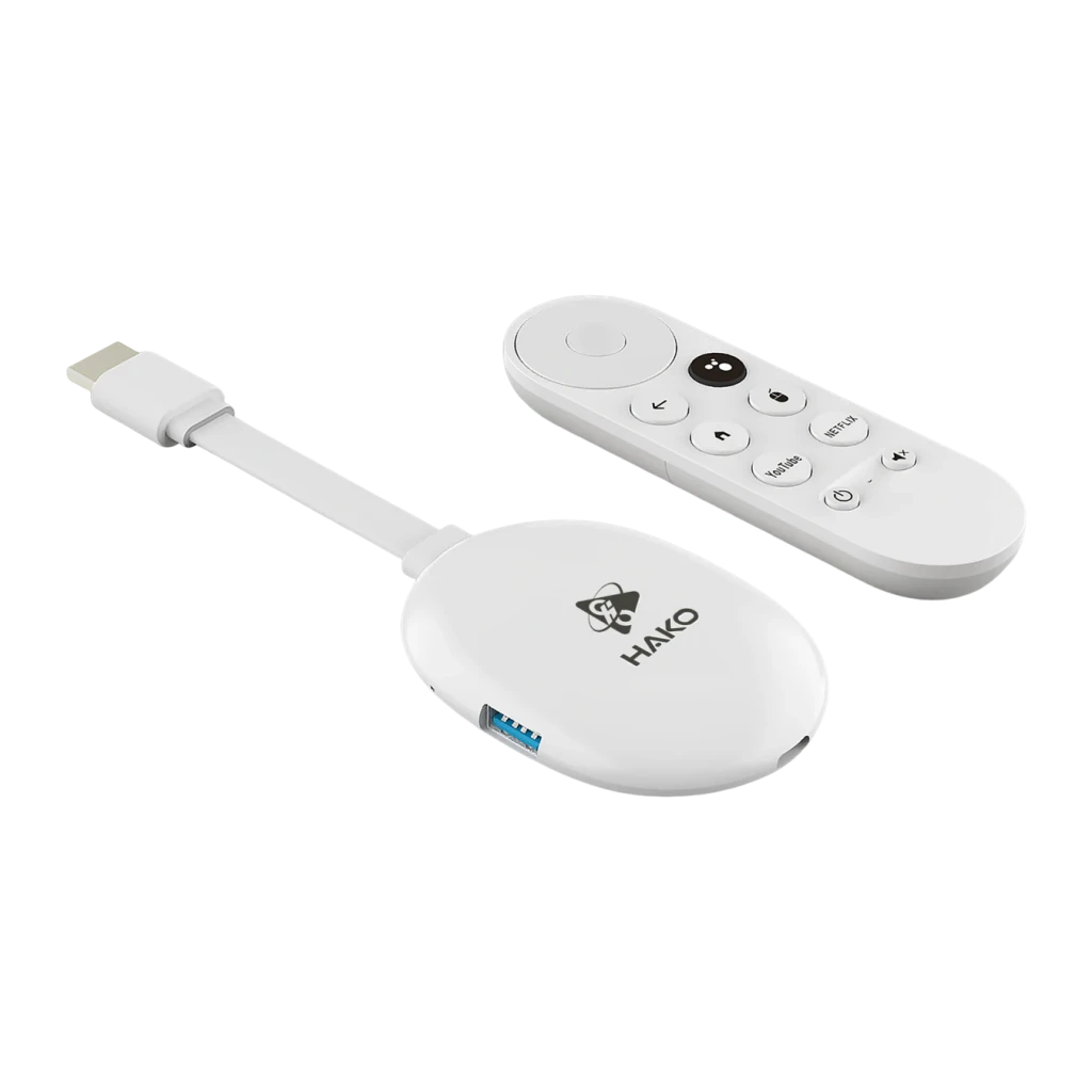 TV Stick HAKO 4K 2G+8G Android 2GB/8GB WiFi 6 Ethernet HDR10 3518D2, detalle: stick blanco con puerto USB y mando