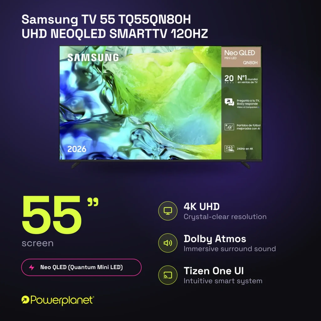 Samsung TQ55QN80H Neo QLED 55 negro, vista frontal: pantalla encendida con imagen abstracta azul y verde, marco fino y pies - Ítem5