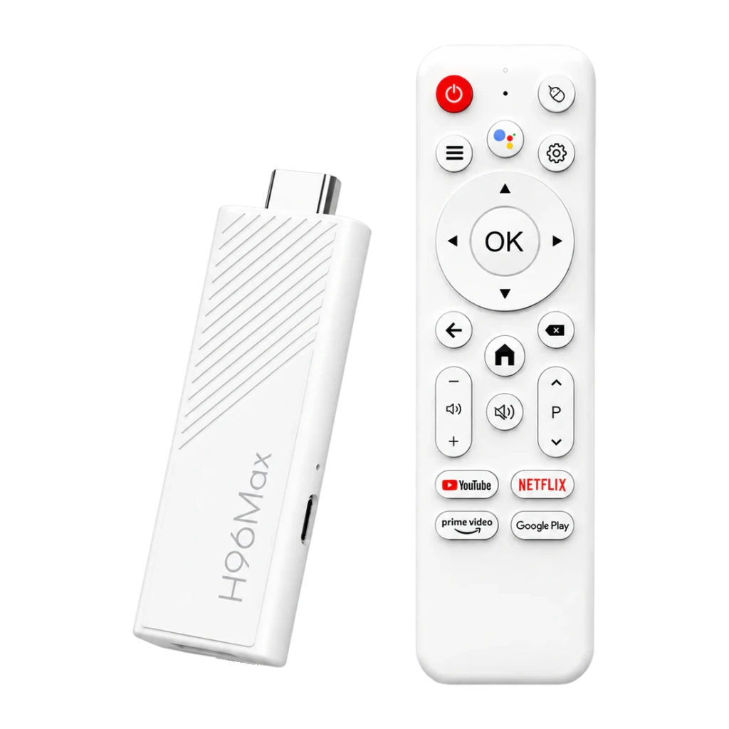 Reproductor Multimedia H96 Max 3518D 2GB/16GB Blanco 4K Android TV WiFi, vista frontal: stick blanco con logo H96Max y mando