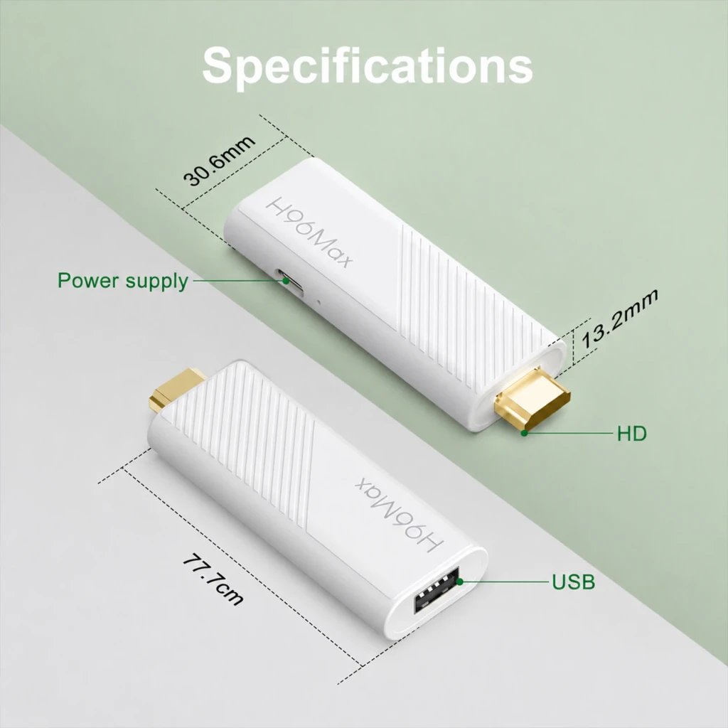 Reproductor multimedia H96 Max 3518D blanco tipo dongle con HDMI dorado y puerto USB, diseño compacto 77.7 mm x 30.6 mm x 13.2 mm, compatible 4K Android 13