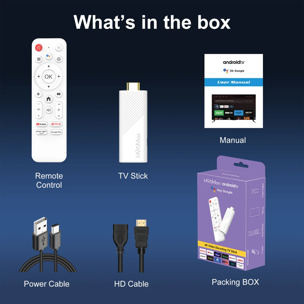 Reproductor Multimedia H96 Max 3518D 4K 2G+16G blanco con TV stick HDMI, control remoto, cable HDMI, cable de energía y manual, Android 13 compatible