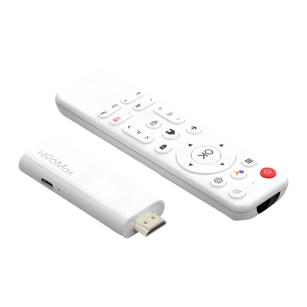 Reproductor Multimedia H96 Max 3518D blanco tipo dongle con puerto HDMI y mando a distancia, compacto, 4K, Android 13, 2GB RAM y 16GB almacenamiento