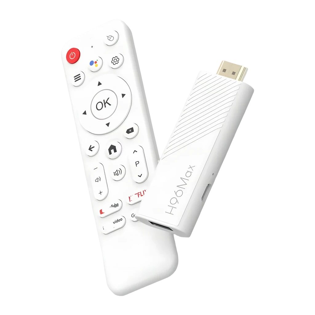 Reproductor Multimedia H96 Max 3518D blanco tipo dongle HDMI con mando a distancia; compacto, 4K, Android 13, 2GB RAM y 16GB de almacenamiento