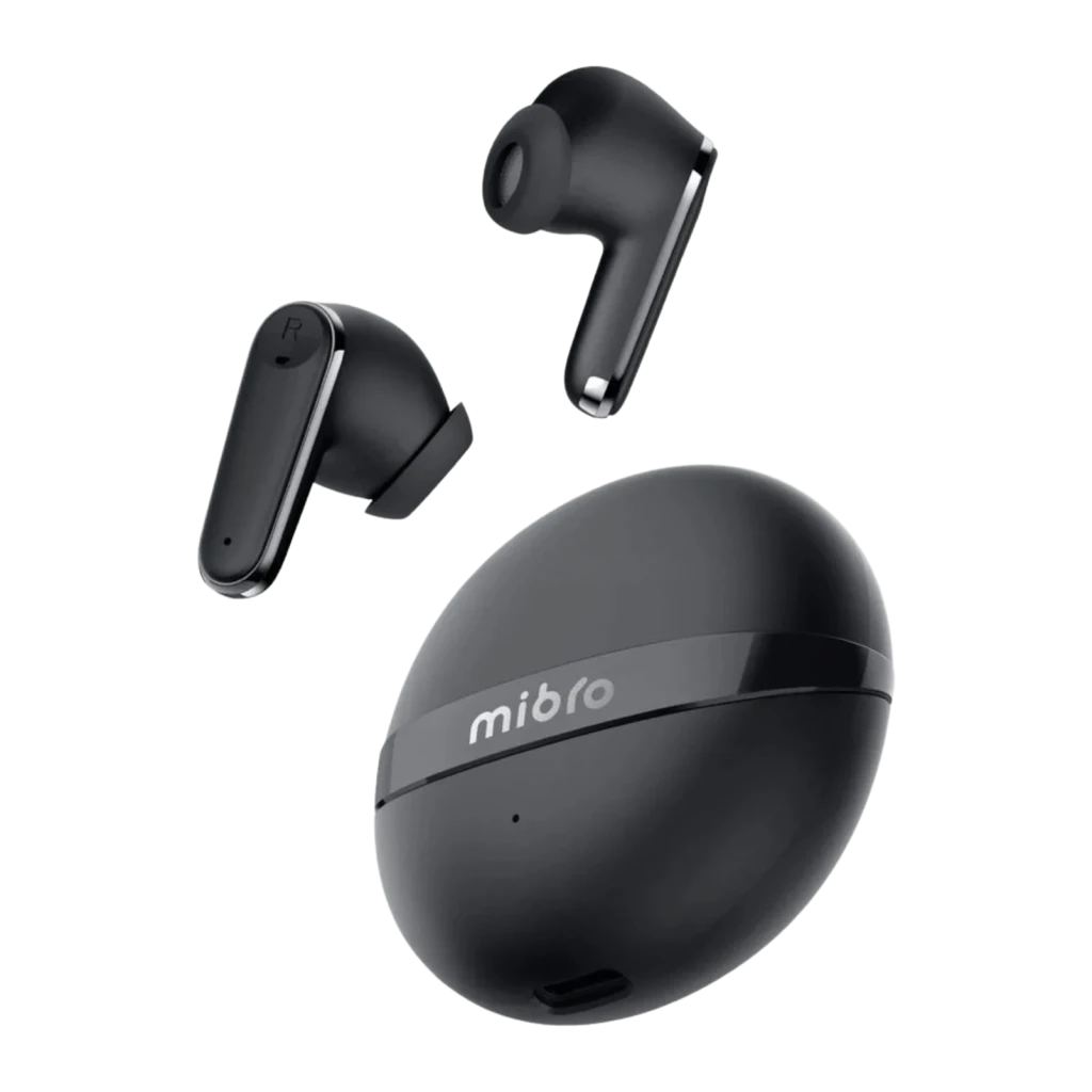 Auriculares Mibro Earbuds 6 negros con estuche ovalado mate, diseño in ear con puntas de silicona, vástago corto, luz LED frontal y acabado minimalista