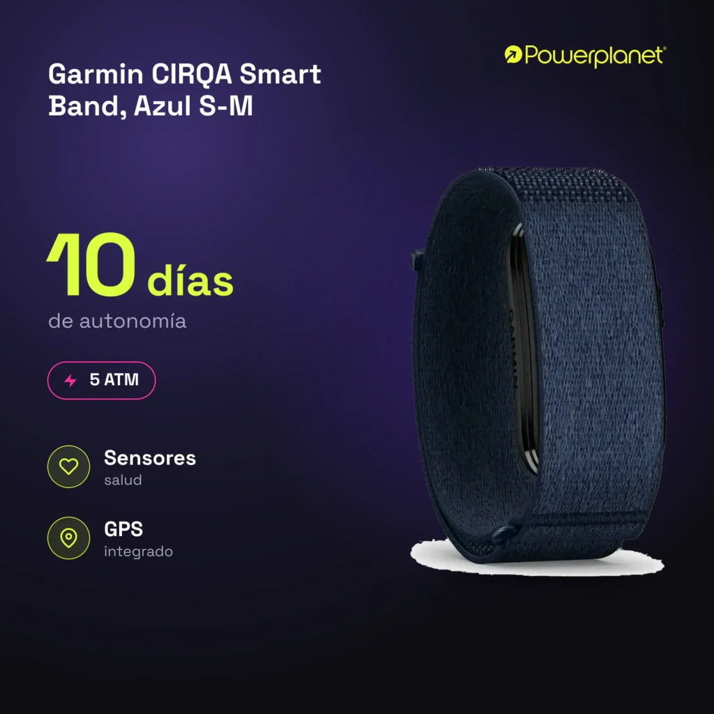 Garmin CIRQA Smart Band S-M azul, vista em ângulo: pulseira têxtil azul-marinho, módulo central e logo Garmin visíveis - Item5
