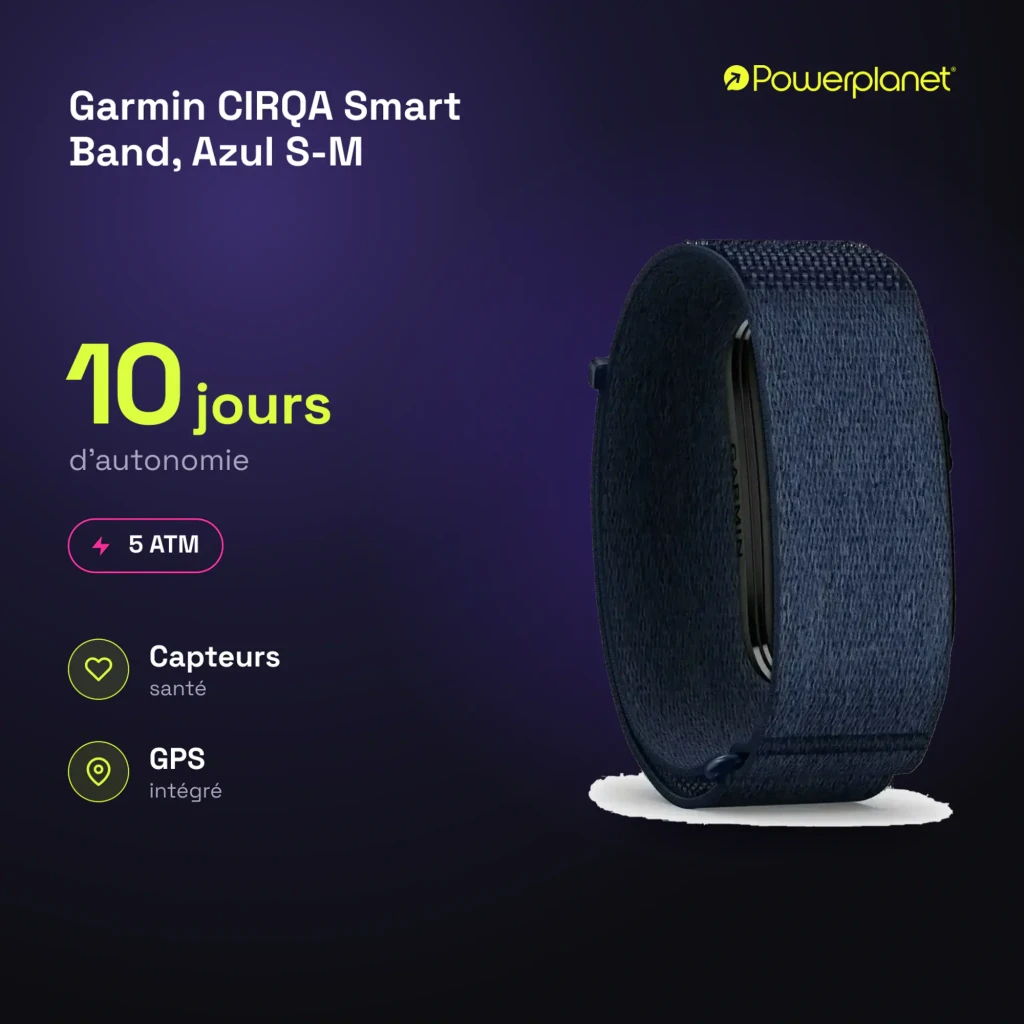 Garmin CIRQA Smart Band S-M azul, vista em ângulo: pulseira têxtil azul-marinho, módulo central e logo Garmin visíveis - Item7