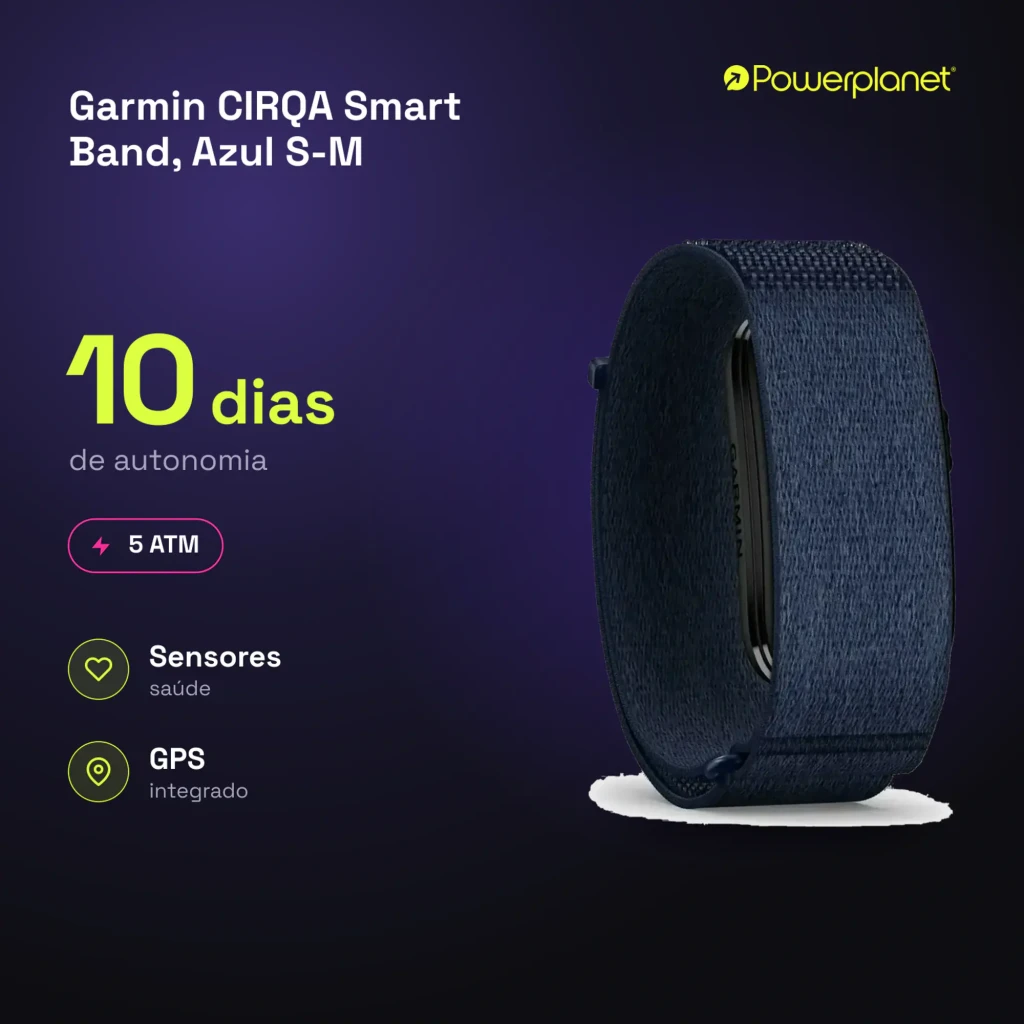 Garmin CIRQA Smart Band S-M azul, vista em ângulo: pulseira têxtil azul-marinho, módulo central e logo Garmin visíveis - Item6