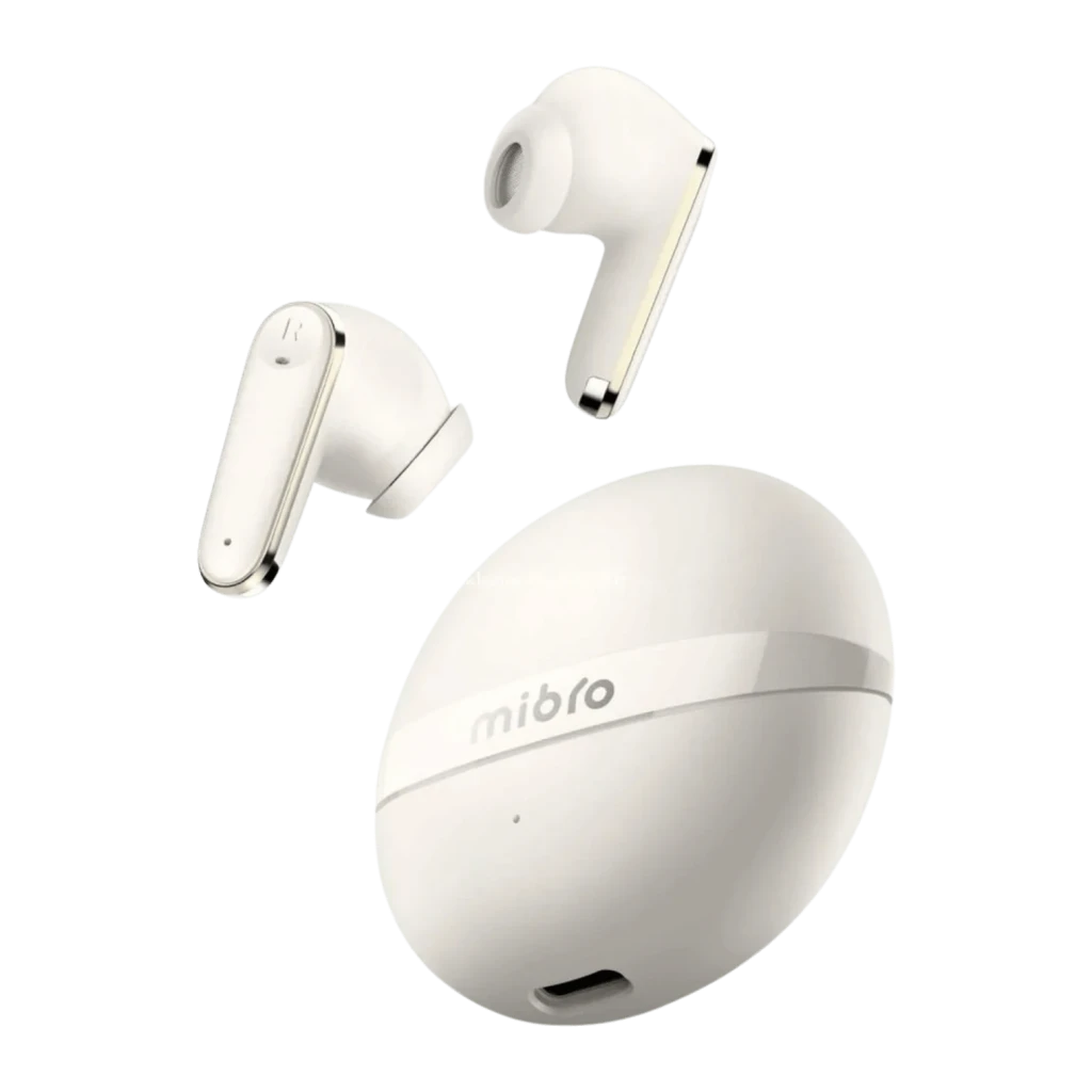 Auriculares Mibro Earbuds 6 TWS Bluetooth 5.3 IPX4 en color blanco, diseño compacto con estuche ovalado, vástagos cortos, acabado mate y puerto de carga USB-C