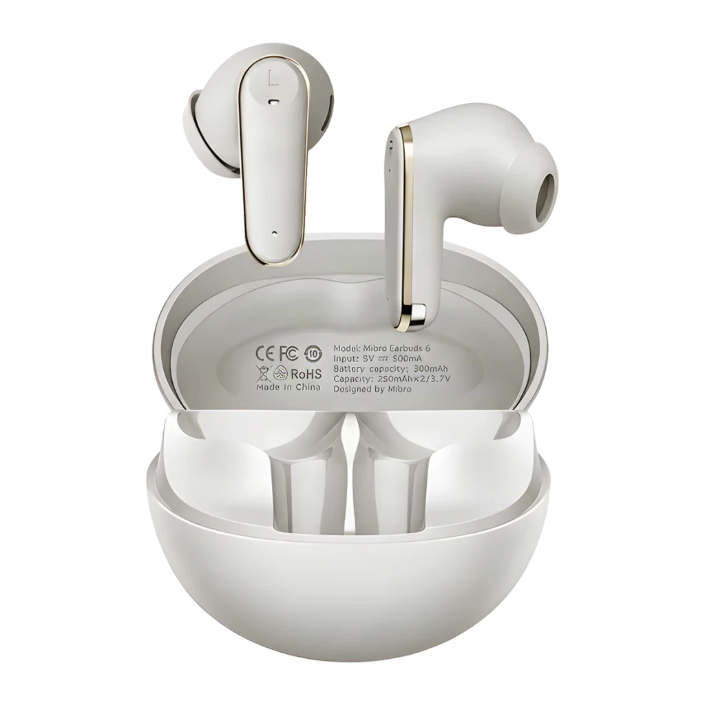 Auriculares Mibro Earbuds 6 TWS en color blanco con bordes dorados, estuche ovalado con tapa transparente, diseño in-ear con vástago y marca L/R visible