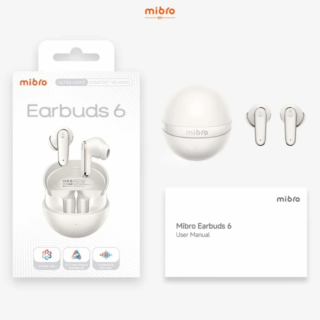 Auriculares Mibro Earbuds 6 TWS blancos con estuche redondo magnético, diseño intrauditivo con vástago, indicadores LED y manual incluido