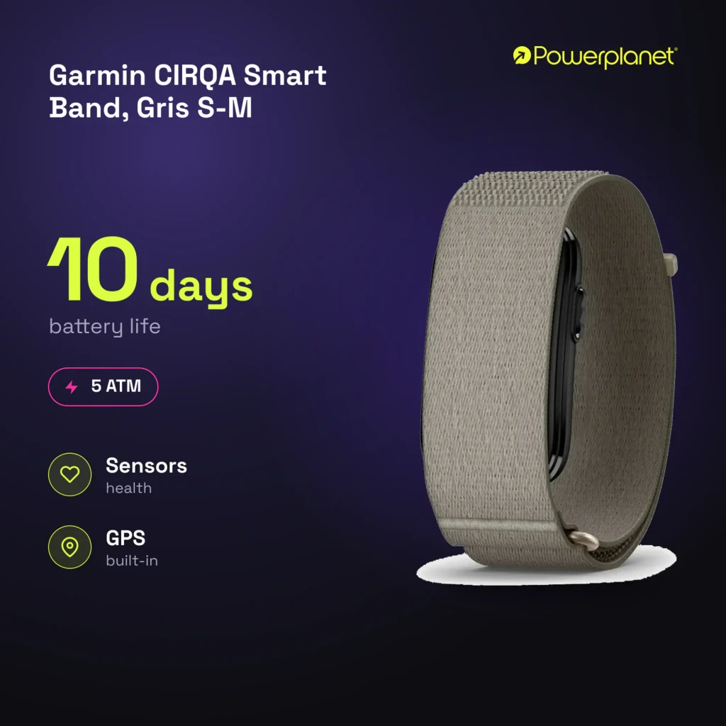 Garmin CIRQA Smart Band Cinza S-M, vista em perspectiva: pulseira têxtil cinza com módulo preto e fecho dourado - Item10