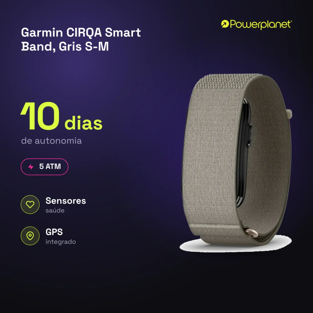 Garmin CIRQA Smart Band Cinza S-M, vista em perspectiva: pulseira têxtil cinza com módulo preto e fecho dourado - Item8