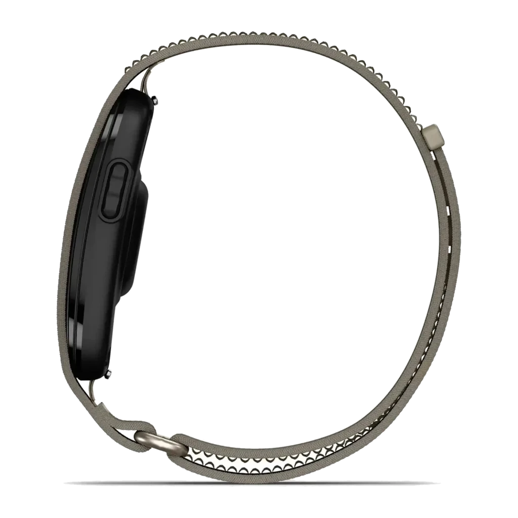 Garmin CIRQA Smart Band Cinza S-M, vista em perspectiva: pulseira têxtil cinza com módulo preto e fecho dourado - Item1