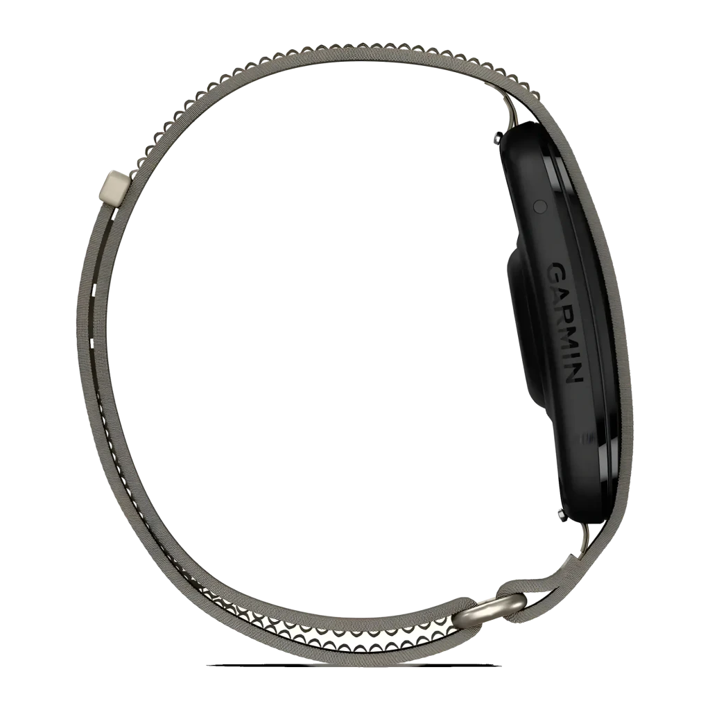 Garmin CIRQA Smart Band Cinza S-M, vista em perspectiva: pulseira têxtil cinza com módulo preto e fecho dourado - Item3