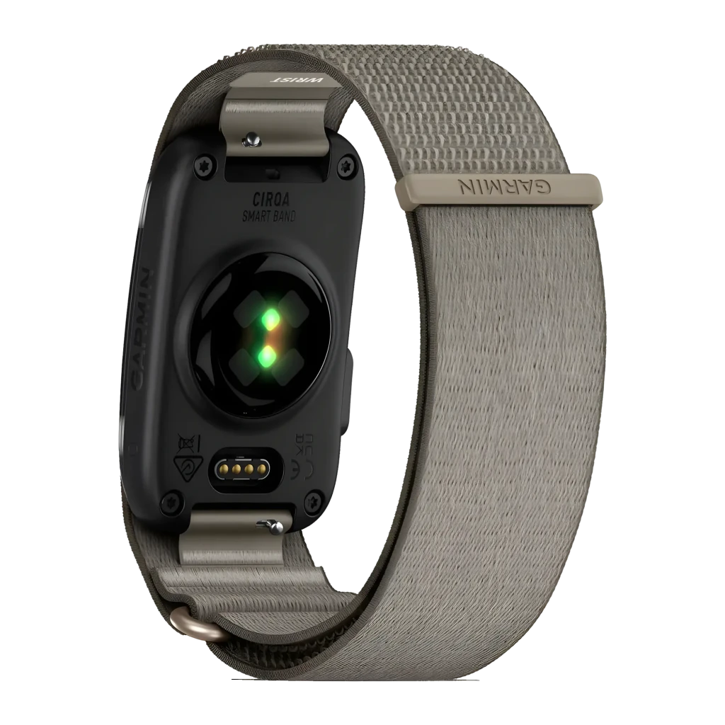 Garmin CIRQA Smart Band Cinza S-M, vista em perspectiva: pulseira têxtil cinza com módulo preto e fecho dourado - Item4