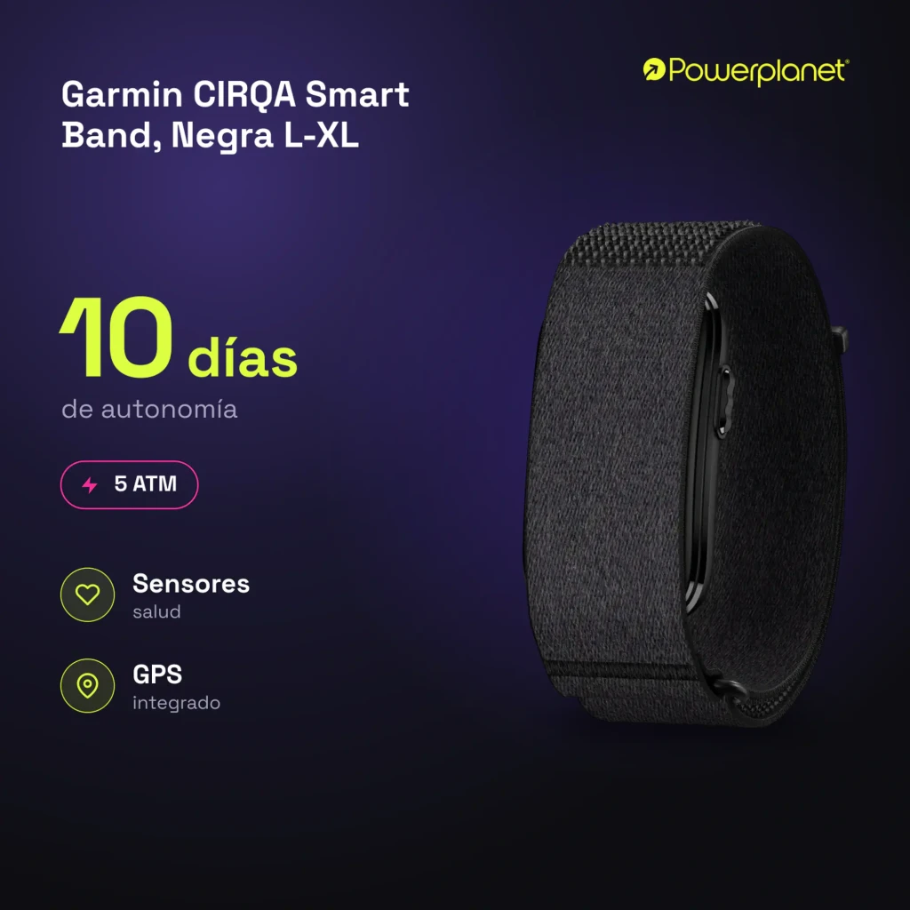 Garmin CIRQA Smart Band preta L-XL, vista lateral em ângulo: pulseira têxtil escura com módulo central e fecho inferior - Item4