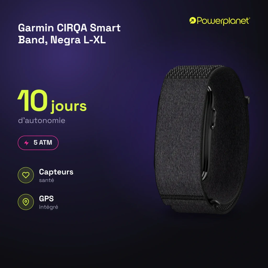 Garmin CIRQA Smart Band preta L-XL, vista lateral em ângulo: pulseira têxtil escura com módulo central e fecho inferior - Item6