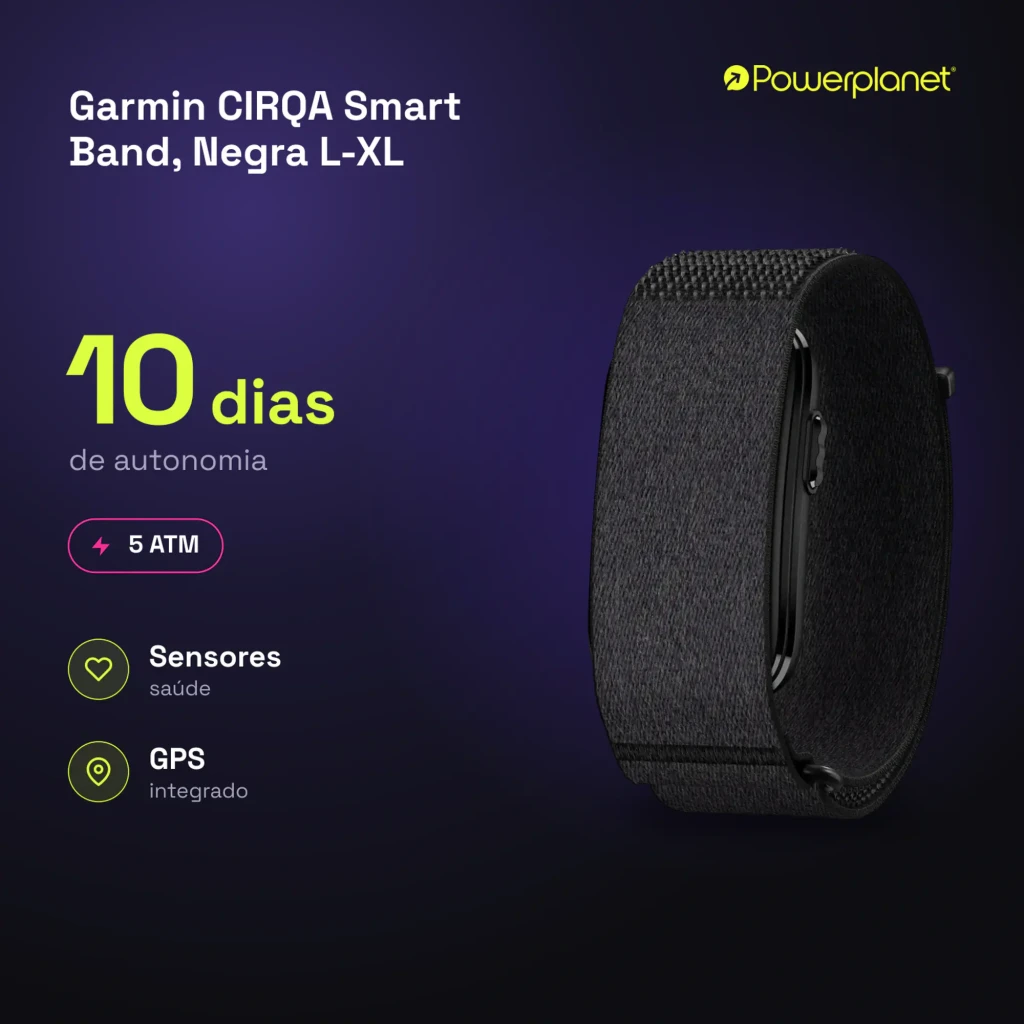 Garmin CIRQA Smart Band preta L-XL, vista lateral em ângulo: pulseira têxtil escura com módulo central e fecho inferior - Item5
